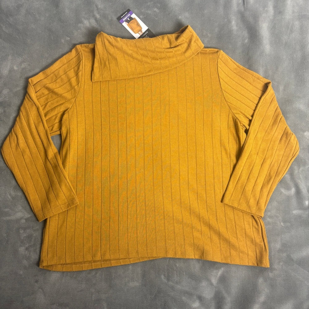 Rafaella Womens XXL Mustard Yellow Ribbed Cowl Neck Button Top RSKFE060 NWT - Picture 2 of 7